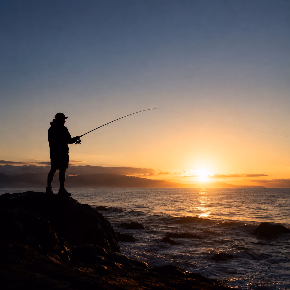 An angler surfcasting from the rocks as the sun rises over the sea.