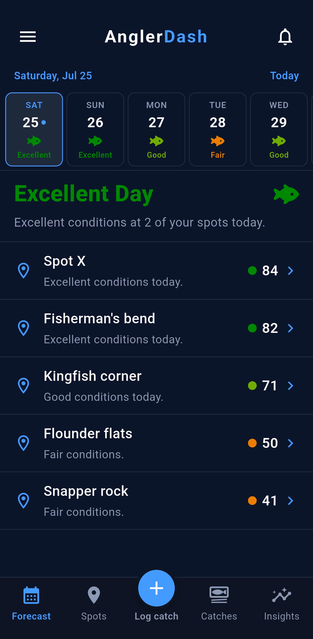 The AnglerDash app showing the home screen.