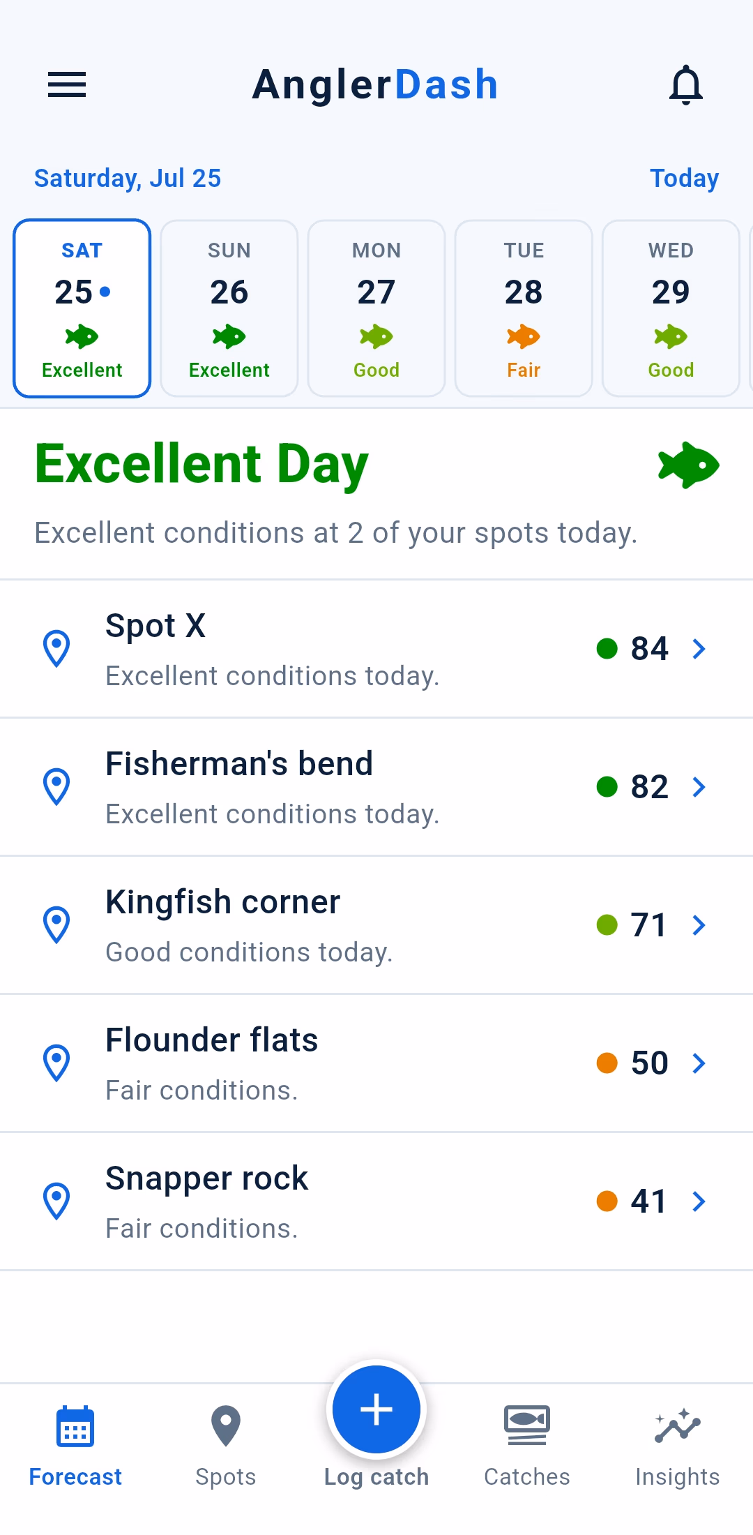 The AnglerDash app showing the home screen.